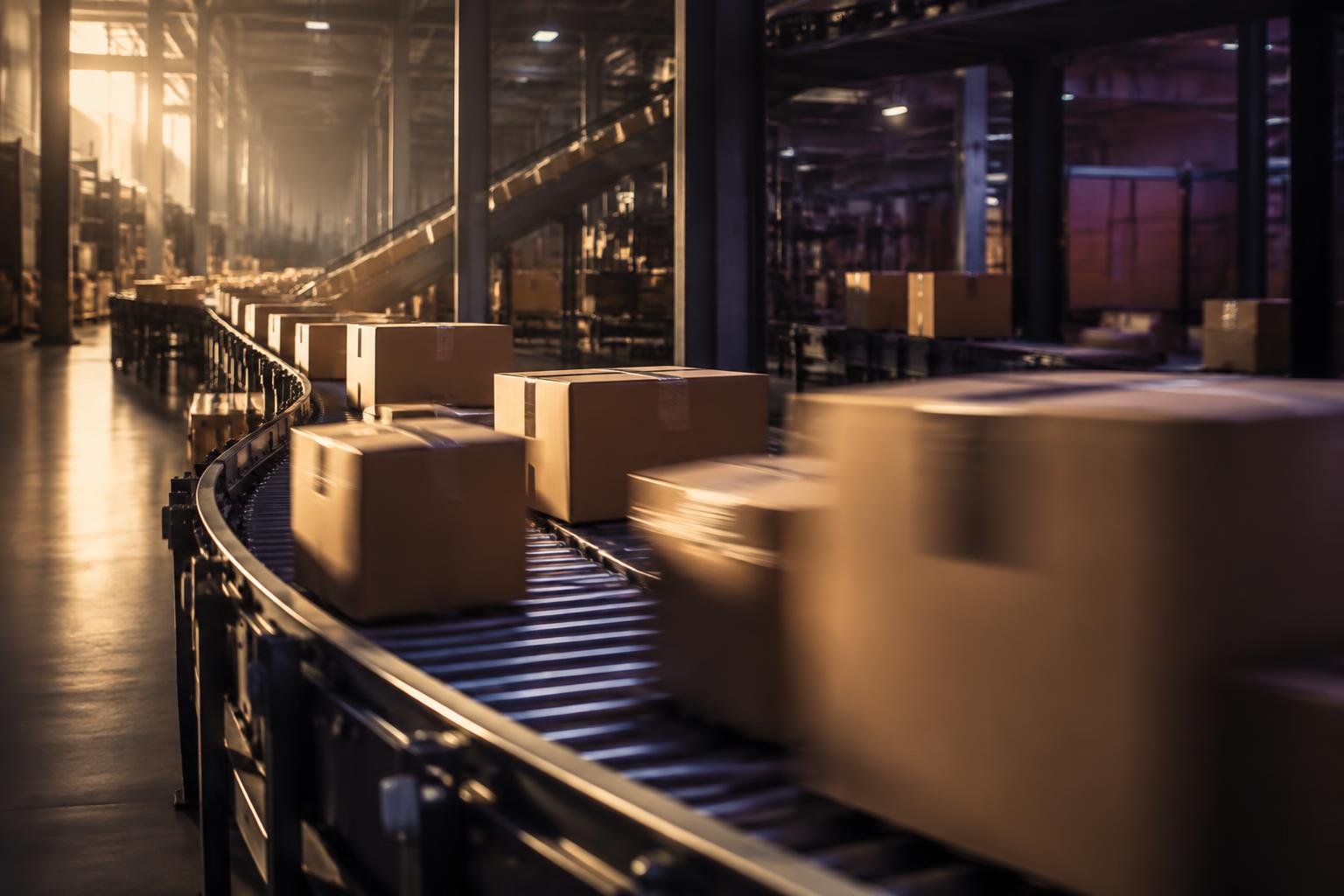 Pakketten op een transportband in een fulfilmentcentrum